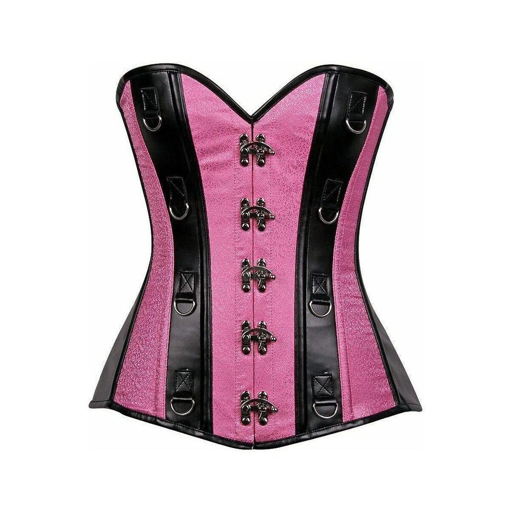 8510 Plus Size Top Drawer Pink Brocade & Faux Leather Steel Boned Corset